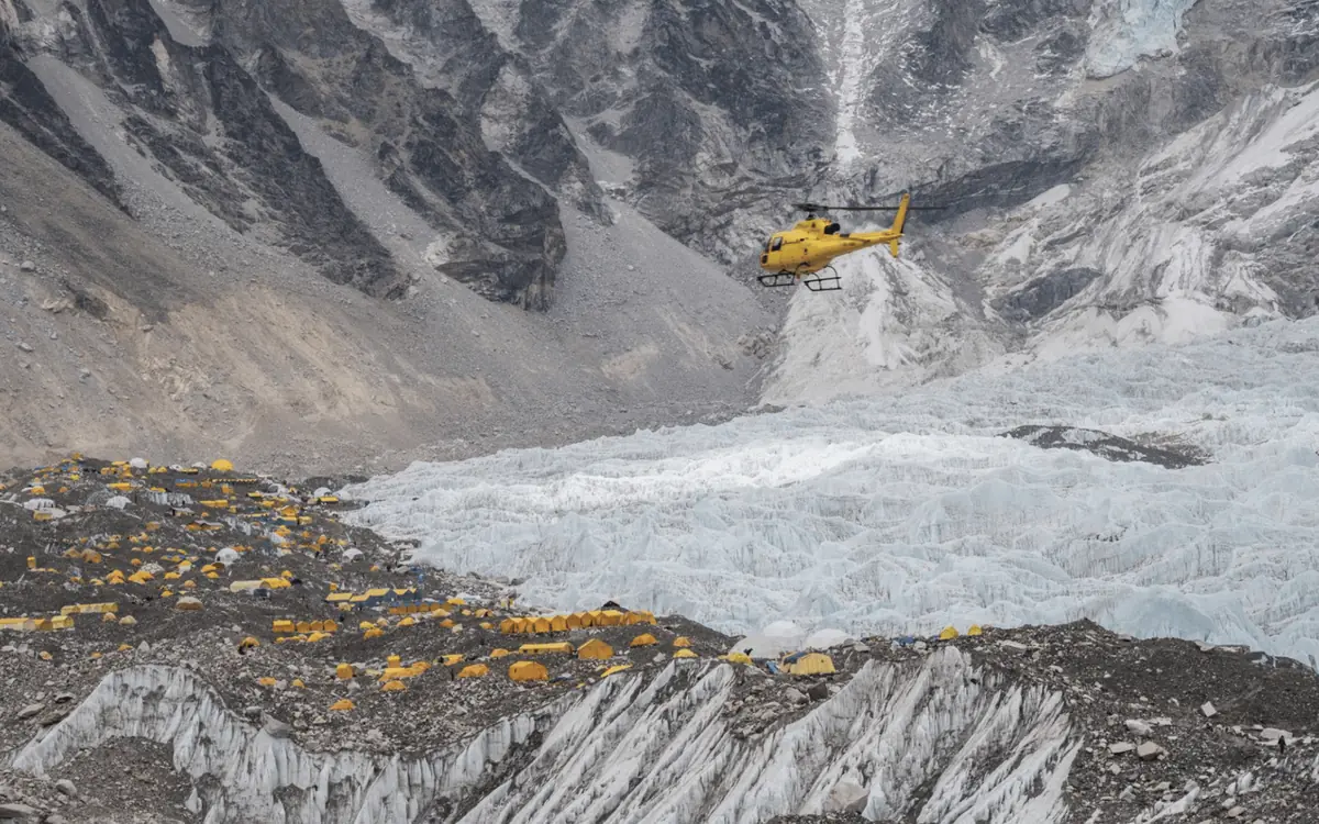 The tents of Everest Base Camp on the Khumbu glacier from the air