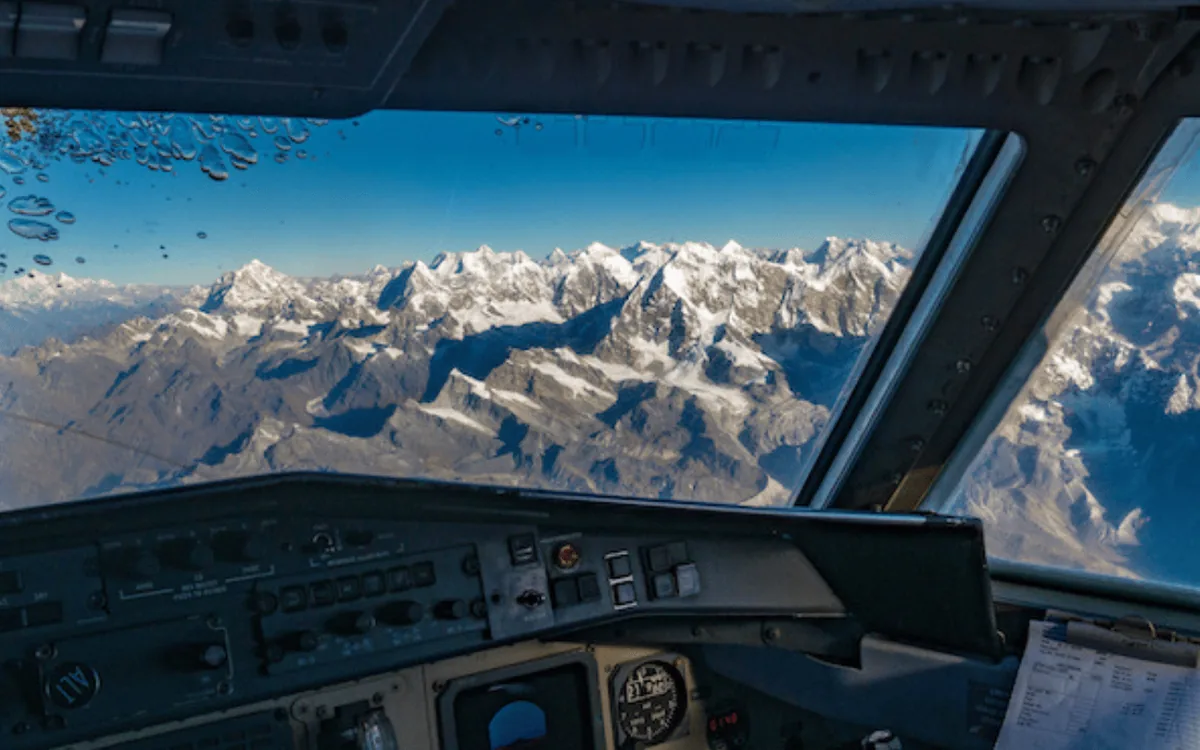 The Himalaya seen through the windscreen of a mountain flight aircraft
