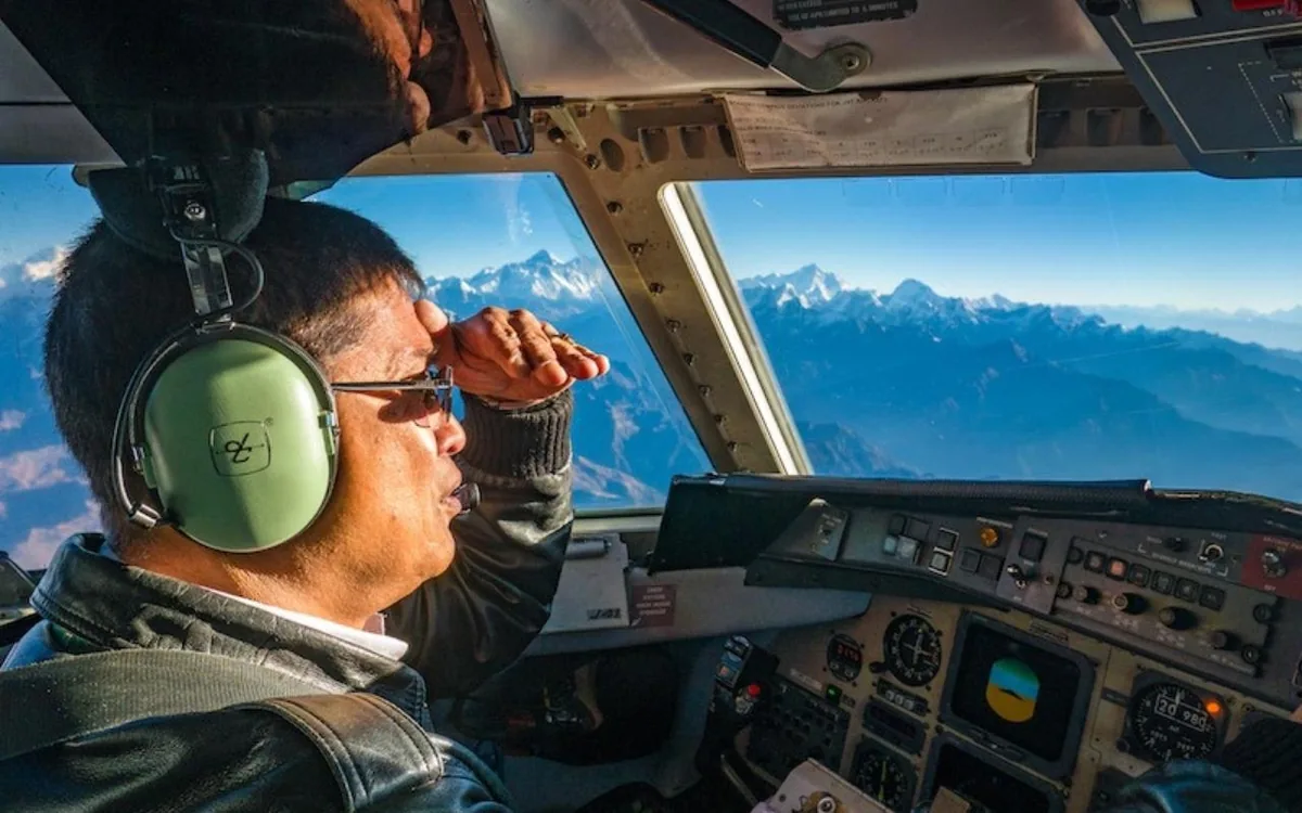The cockpit of a mountain flight aircraft over the Himalaya