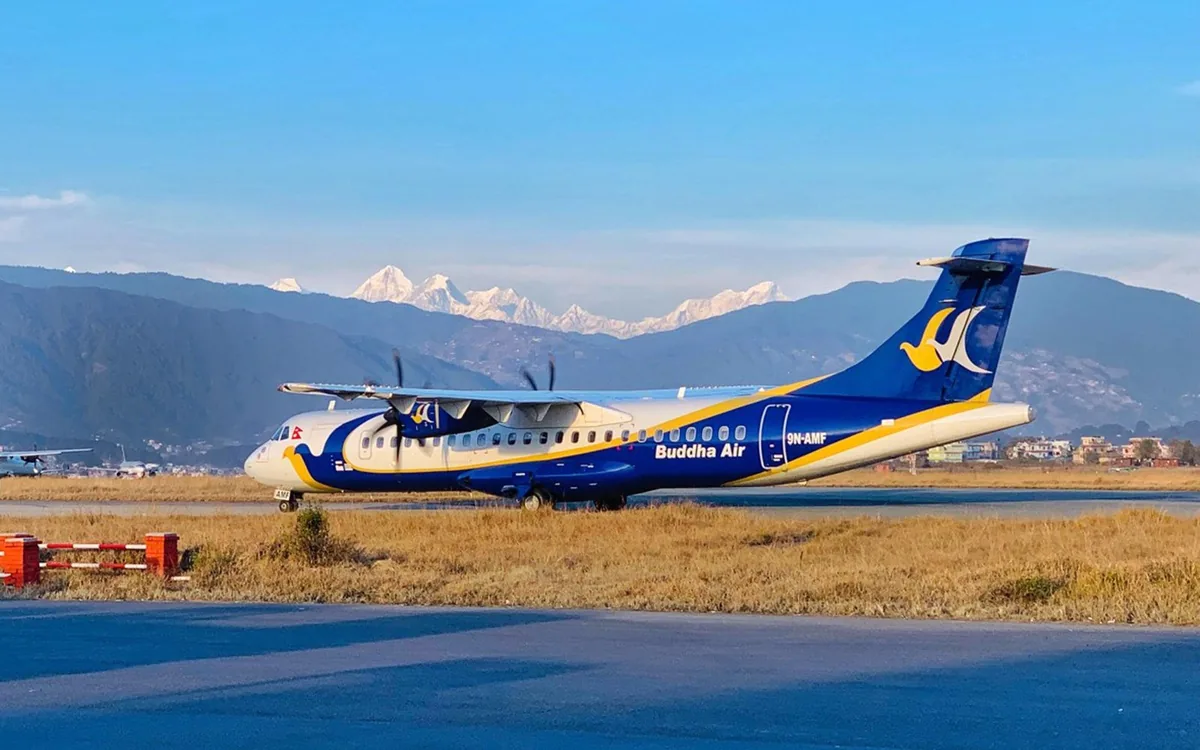 A mountain flight aircraft on the apron at Kathmandu before dawn